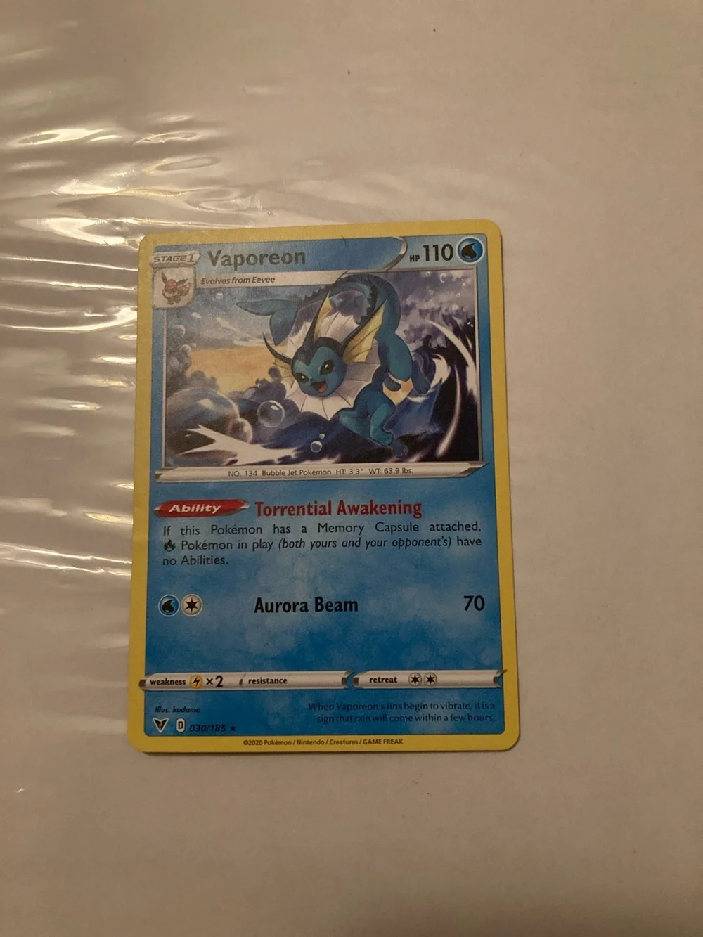 Pokemon Vaporeon Blue Yellow Trading Card 2020